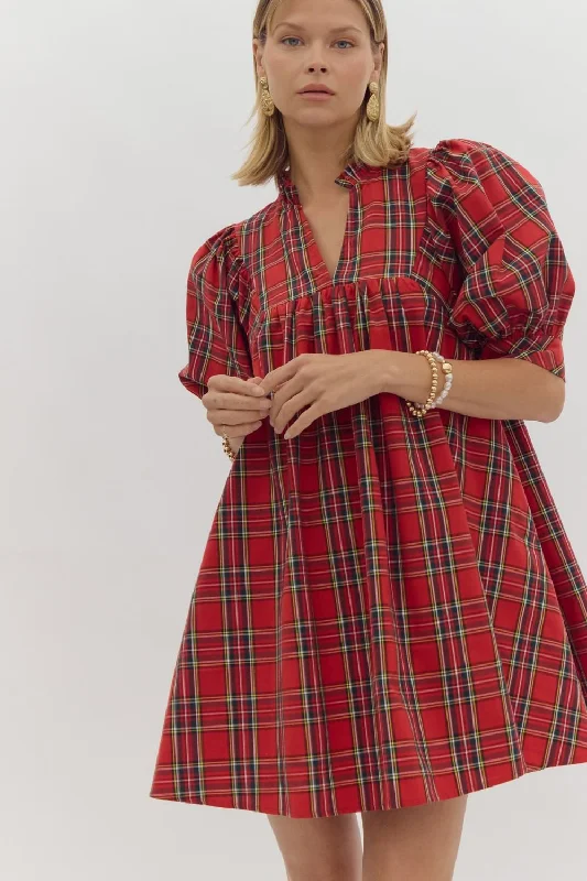 Plaid V-Neck Puff Sleeve Mini Dress