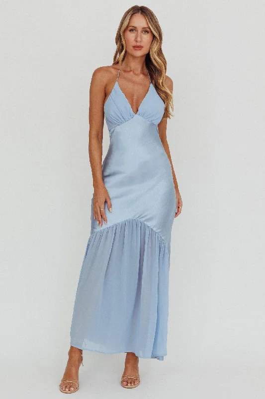 Aysah Chiffon Hem Halter Maxi Dress Light Blue