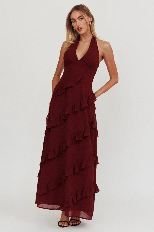 Flirt Frill Trim Halter Maxi Dress Wine