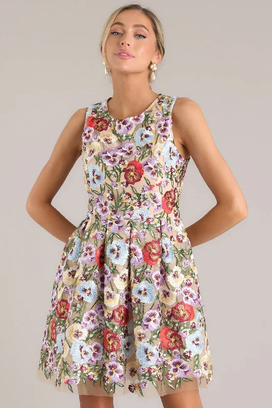 Garden Bloom Natural Floral Embroidered Mini Dress