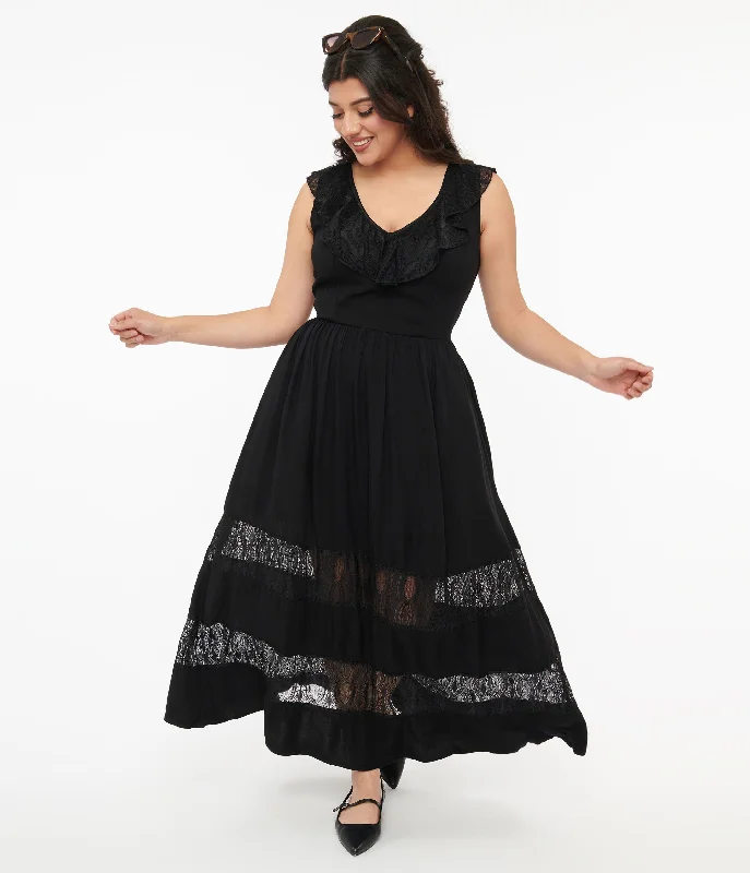 Hell Bunny 1970s Black Lace Stripe Maxi Dress