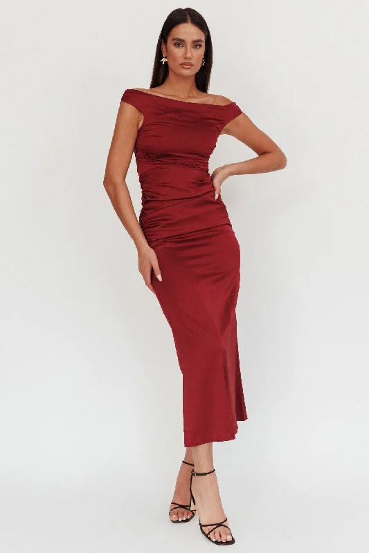 In Blooms Off Shoulder Satin Maxi Dress Wine