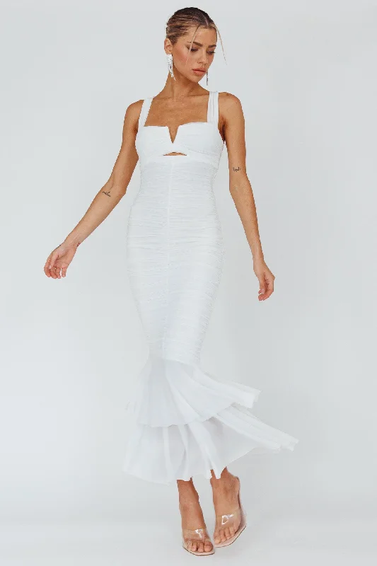 Nadia Ruched Fishtail Maxi Dress White