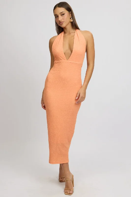 Orange Bodycon Dress Halter Neck Texured