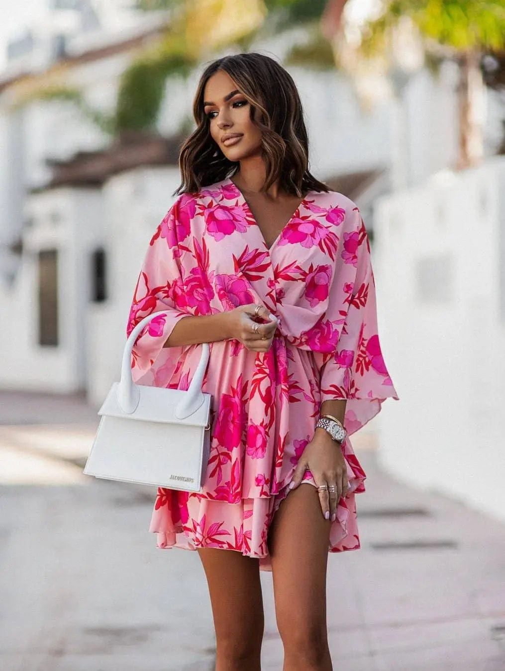 Pink Boho Floral Mini Dress