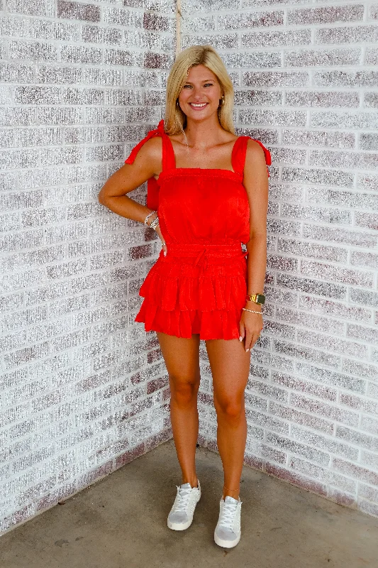 Pre-Game Party Satin Strapless Ruffle Romper Dress