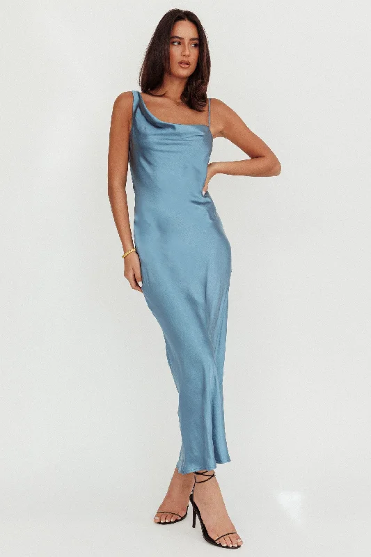 Treats Cowl Back Satin Maxi Dress Steel Blue