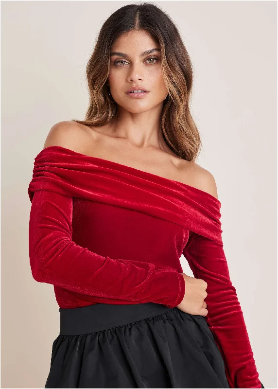 Off-The-Shoulder Velvet Top - Haute Red