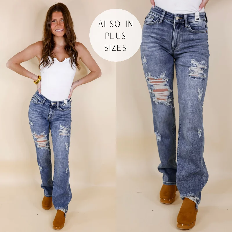 Last Chance Size 0, 14W & 20W-24W | Judy Blue | Making Mischief Distressed Straight Leg Jeans in Medium Wash