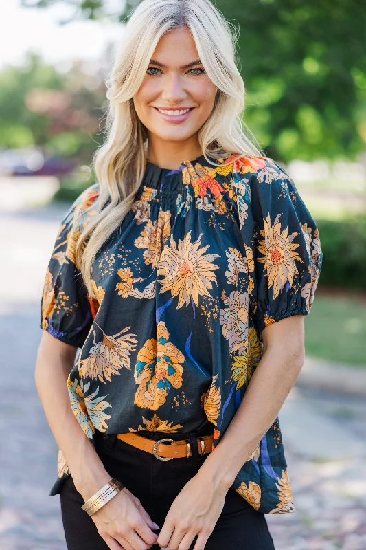 Feeling Fun Black Floral Bubble Sleeve Blouse