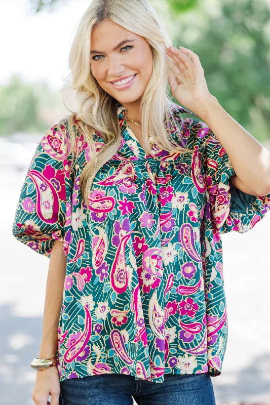 Follow Along Emerald Green Paisley Blouse