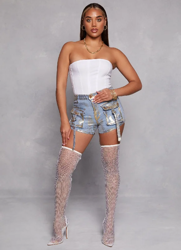 Daisy Foil Screen Strappy Cargo Denim Shorts