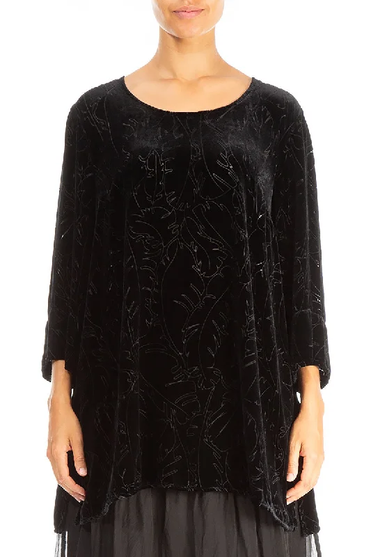 Loose Midnight Blue Devoré Feather Silk Velvet Tunic