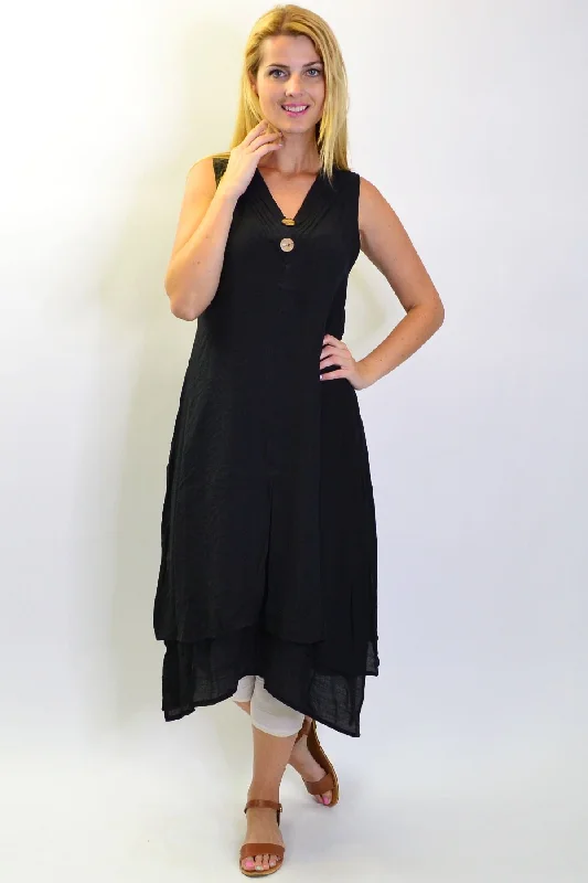 Black Sleeveless Coconut Button Tunic Dress