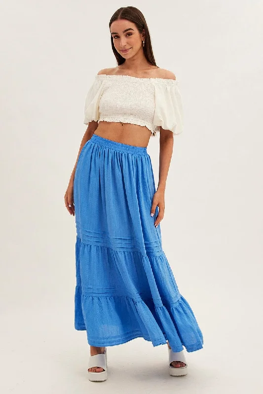 Blue Pleated Tiered Elastic Waist Maxi Skirt