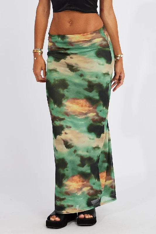 Green Abstract Maxi Skirt High Rise Mesh