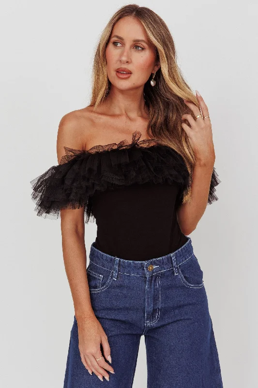 Opera Night Tulle Off-Shoulder Bodysuit Black