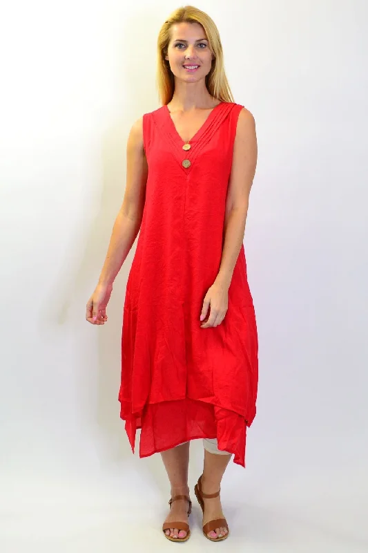 Red Sleeveless Coconut Button Tunic Dress