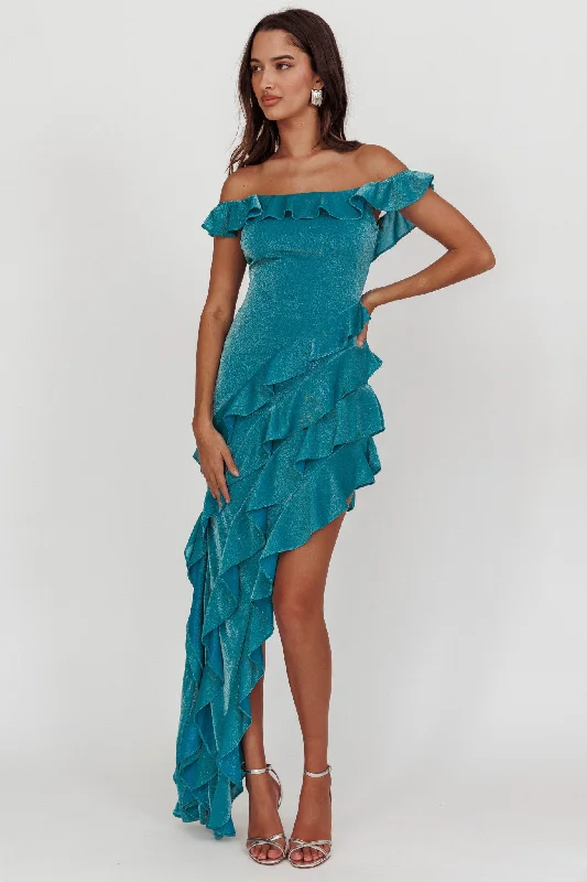 So Into You Off Shoulder Glitter Ruffle Dress Jade